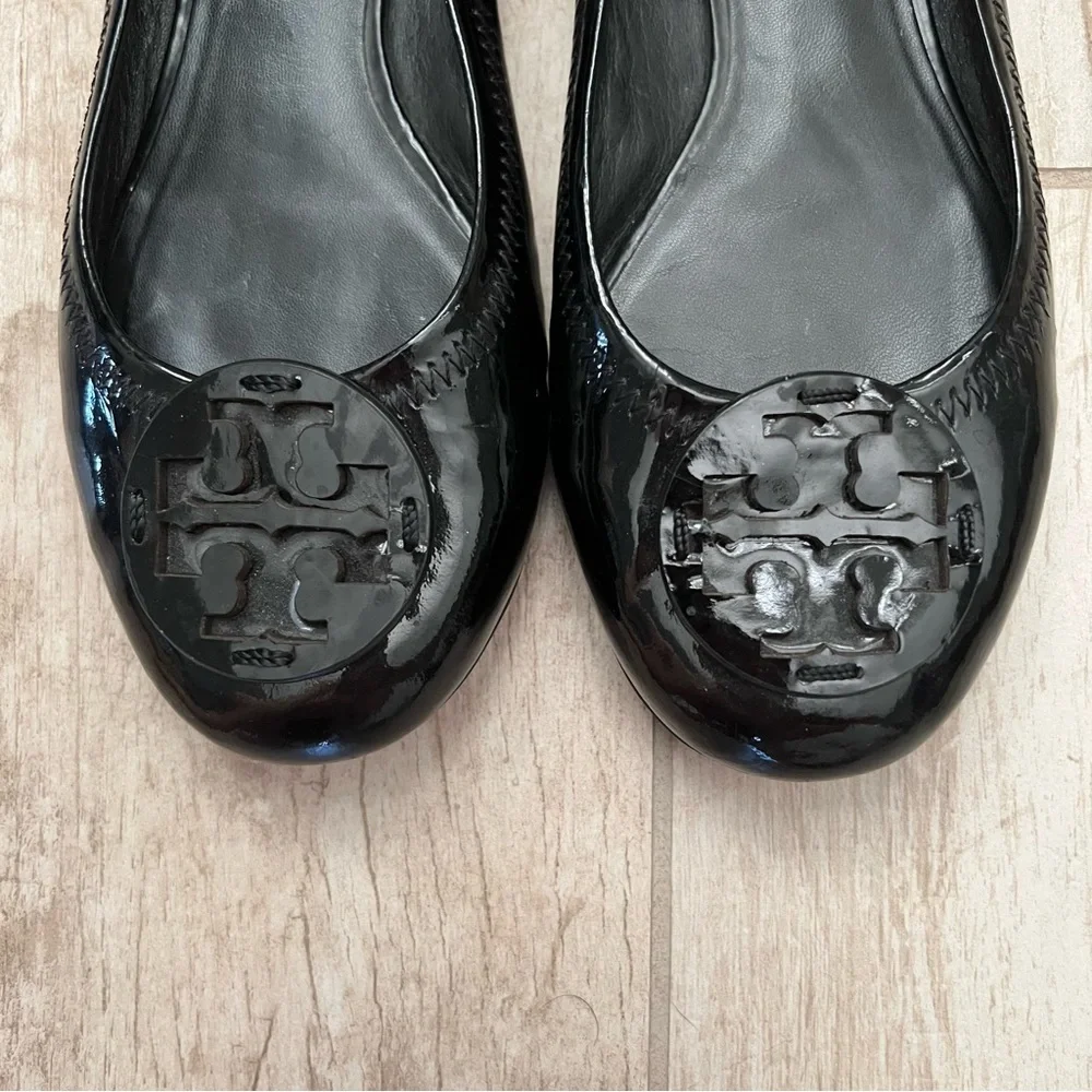 Tory Burch Black Patent Leather Reva Scrunch Ballet Flats Size 7.5